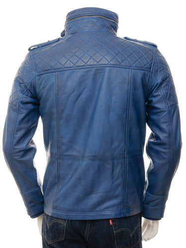 Men Blue Leather Biker Jacket