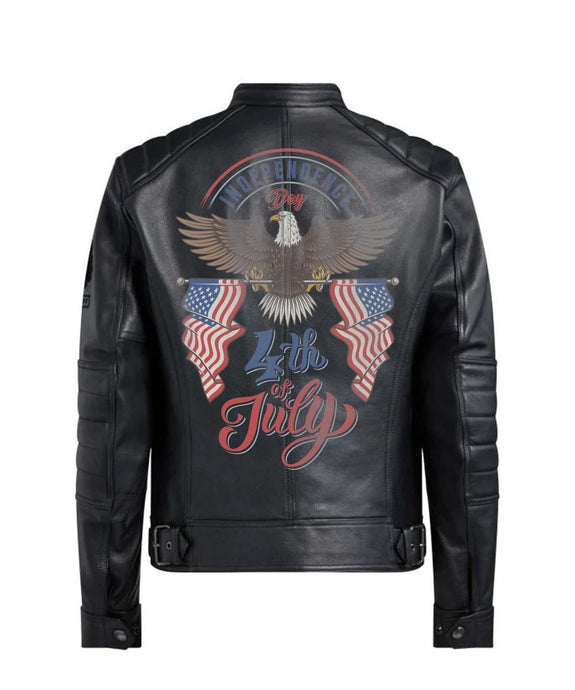 Bald Eagle USA Flag Printed Black Leather Jacket