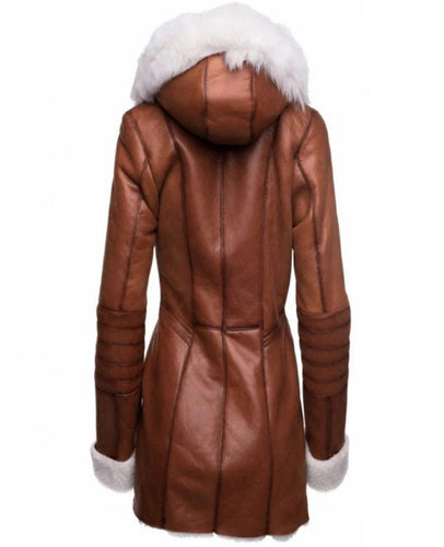 Womens Tan Fur Hooded Shearling Trench Style Leather Coat