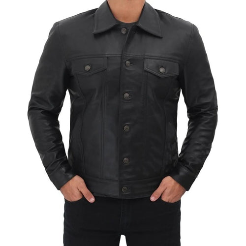 Men's Black Genuine Leather Trucker Jacket