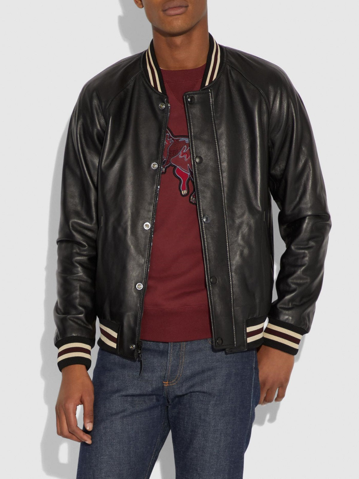 Men College Black Bomber Leather Varsity Jacket- Boneshia