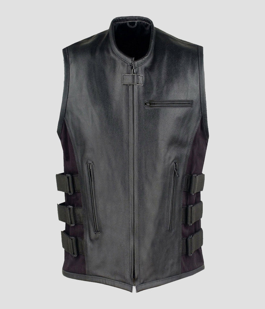 Mens Black Armor Motorcycle Adjustable Leather Vest
