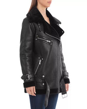 Load image into Gallery viewer, Womens Black Shearling Moto Leather Jacket
