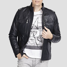 Load image into Gallery viewer, Mens Classical Black Sheepskin Leather Biker Jacket
