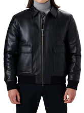 Load image into Gallery viewer, Mens Shirt Collar Black Bomber Leather Jacket
