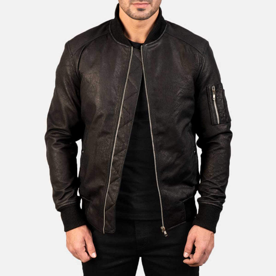Mens Bomia Black Leather Bomber Jacket