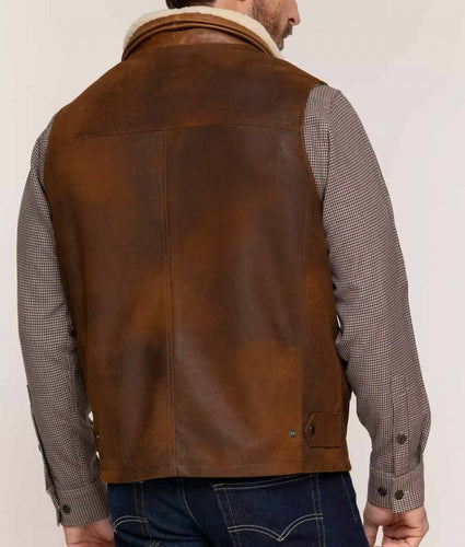 Mens Lambskin Brown Leather Shearling Collar Vest