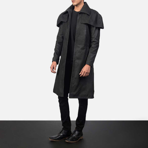 Mens Distressed Black Classic Leather Long Coat