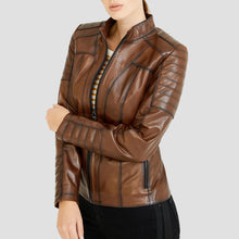 Load image into Gallery viewer, Womens Quilted Waxed Brown Leather Biker Jacket
