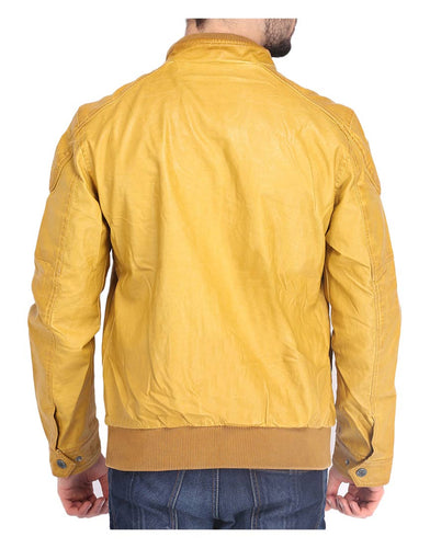 Mens Quilted Shoulder Yellow Leather Jacket