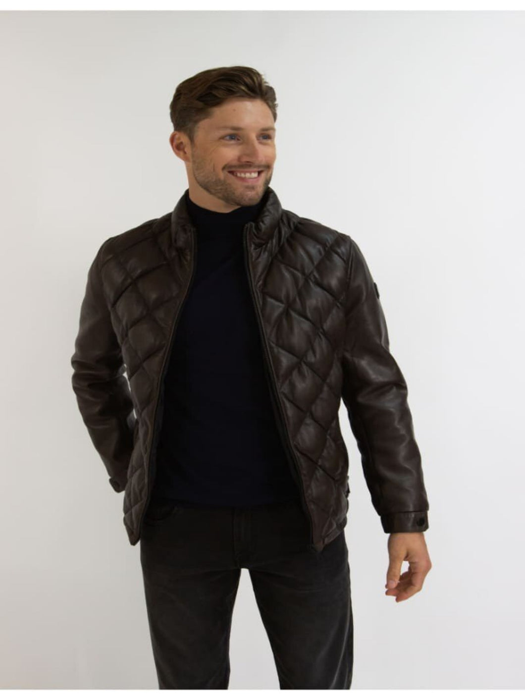 Mens Stylish Coffee Brown Leather Puffer Jacket