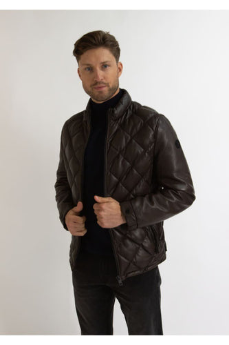 Mens Stylish Coffee Brown Leather Puffer Jacket