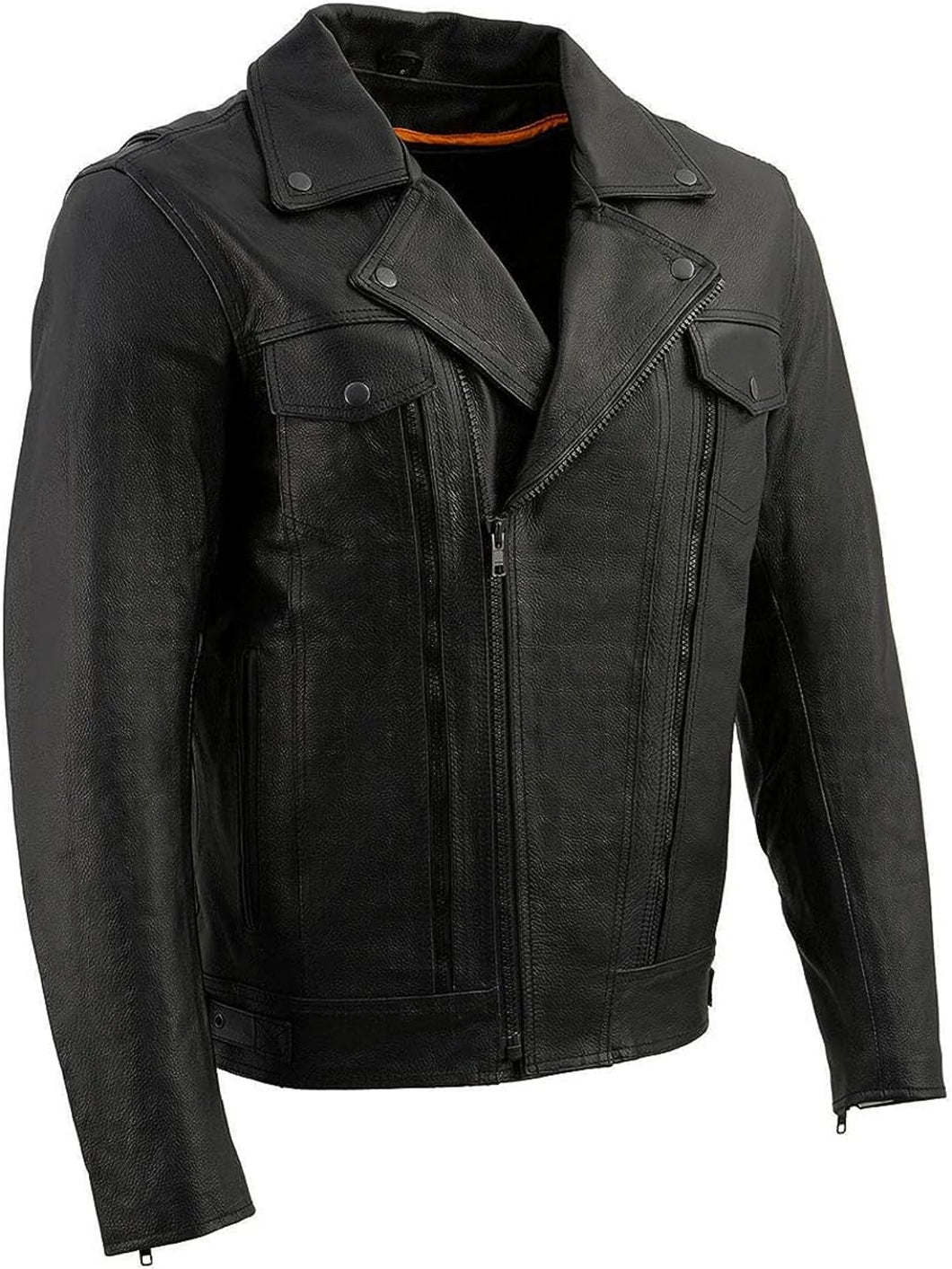 Men’s Black Leather Motorcycle Jacket with Utility Pockets