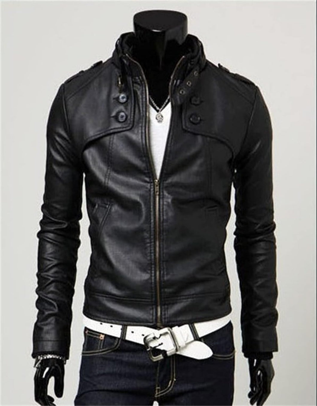 Men's Stand Collar Regular Leather Jacket