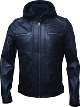Load image into Gallery viewer, Men&#39;s Black Motorcycle Genuine Lether Jacket with Removable Hood
