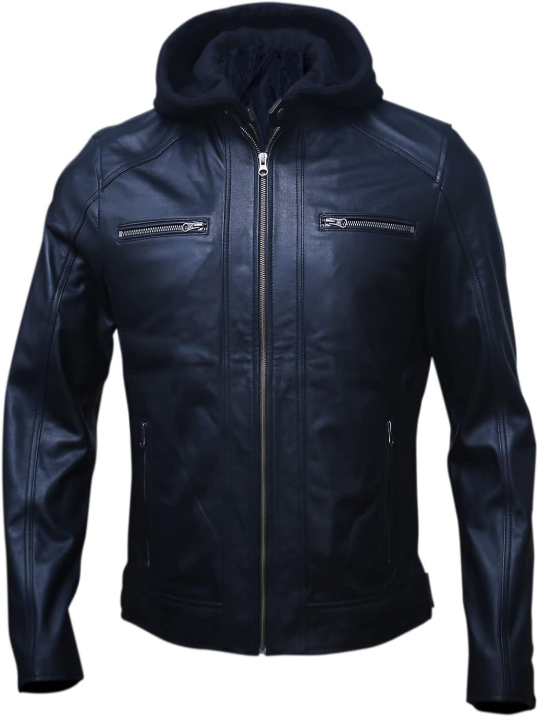 Men's Black Motorcycle Genuine Lether Jacket with Removable Hood
