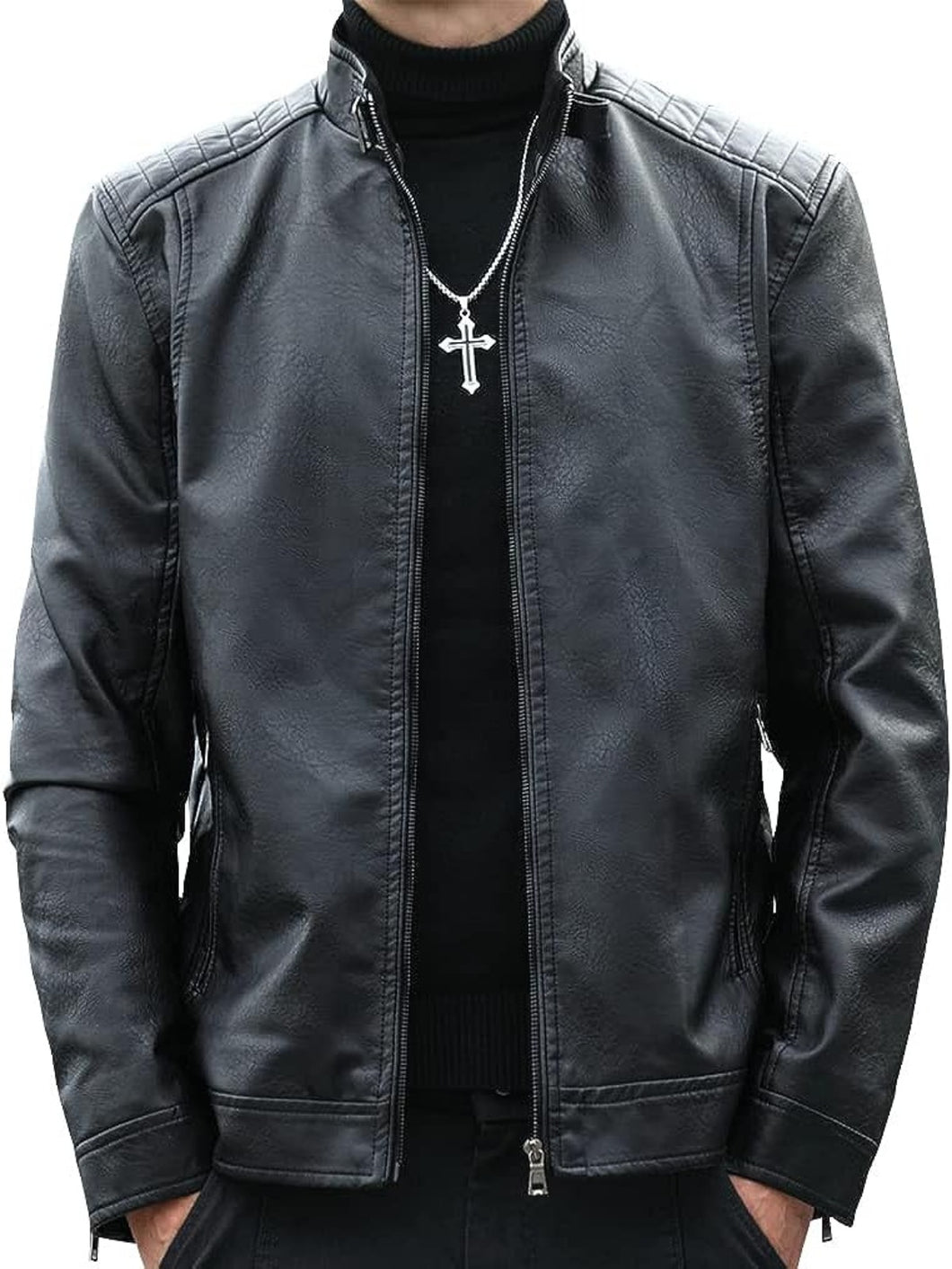 Mens Casual Stand Collar Leather Jacket