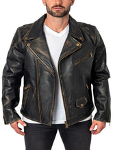 Load image into Gallery viewer, Mens Black Distressed Leather Biker Jacket
