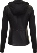 Load image into Gallery viewer, Women&#39;s Removable Hooded Black Leather Moto Jacket
