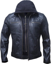 Load image into Gallery viewer, Men&#39;s Black Motorcycle Genuine Lether Jacket with Removable Hood
