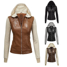 Load image into Gallery viewer, Women&#39;s Removable Hooded Black Leather Moto Jacket
