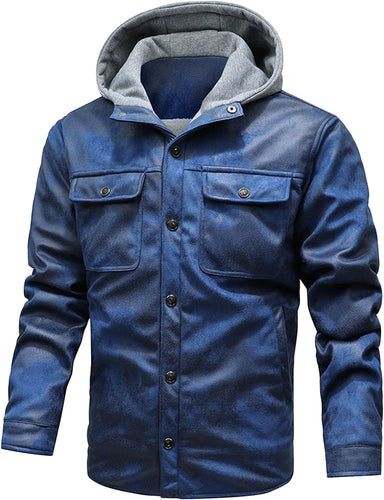Men's Slim Fit Button Up Hooded Lather Jacket