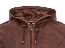 Load image into Gallery viewer, Men&#39;s Casual Tan Nappa Leather Biker Hooded Jacket
