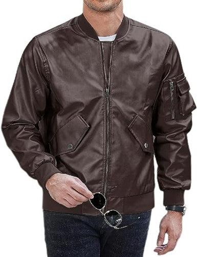 Men s Casual Slim Fit Leather Bomber Varsity Jackets