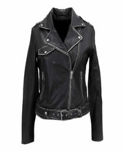 Load image into Gallery viewer, Womens Distressed Belted Designer Black Leather Jacket
