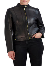 Load image into Gallery viewer, Womens Racer Black Band collar Leather Jacket
