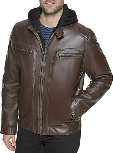 Men's Moto Removable Hood Leather Jacket
