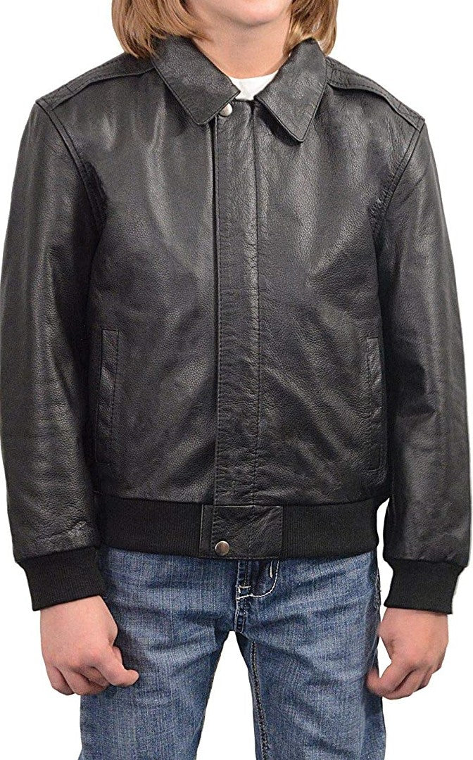 Kid Boy Black Leather Bomber Jacket