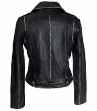 Load image into Gallery viewer, Womens Distressed Belted Designer Black Leather Jacket
