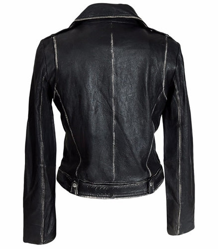 Womens Distressed Belted Designer Black Leather Jacket