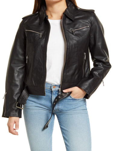 Women's Black Breasted Leather Moto Jacket