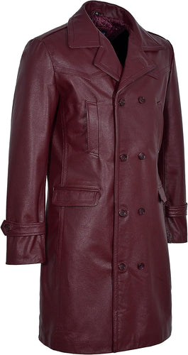 Men's Cherry Red Genuine Leather Trench Coat