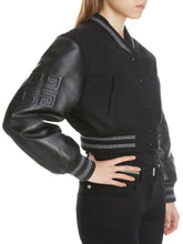 Load image into Gallery viewer, Womens Leather Sleeve Logo Crop Varsity Jacket
