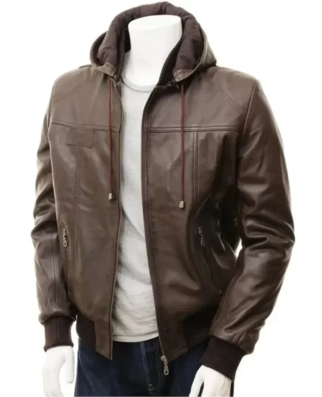 Mens Distressed Brown Hooded Leather Jacket
