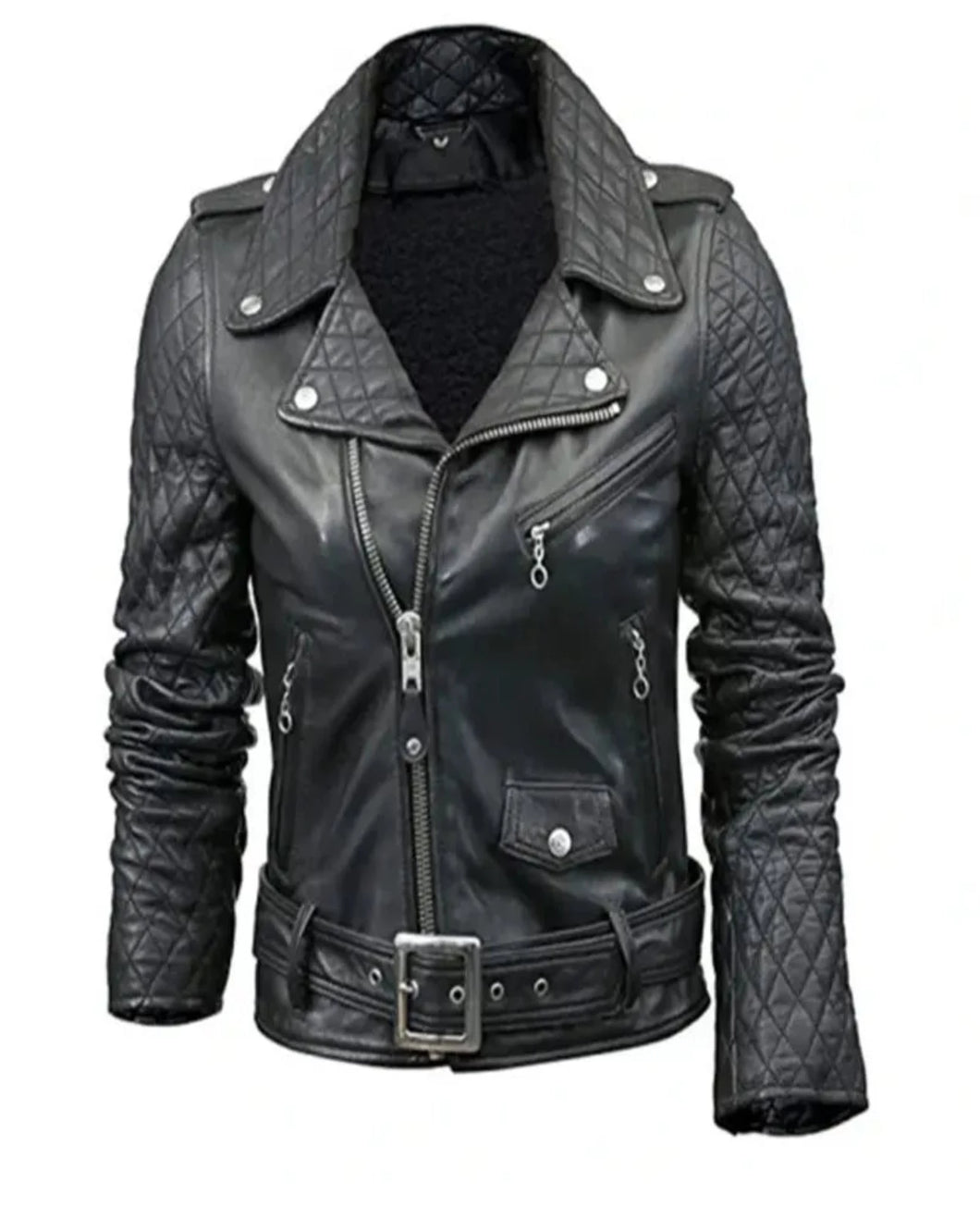 Women’s Dark Black Quilted Belted Leather Jacket