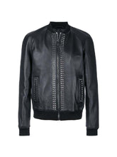 Load image into Gallery viewer, Mens Black Designer Metal Studded Bomber Leather Jacket

