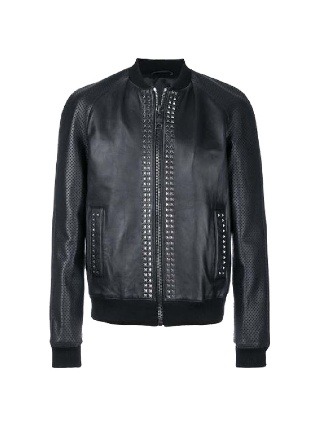 Mens Black Designer Metal Studded Bomber Leather Jacket