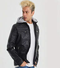 Load image into Gallery viewer, Mens Hooded Slim Fit Black Leather Jacket
