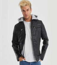 Load image into Gallery viewer, Mens Hooded Slim Fit Black Leather Jacket

