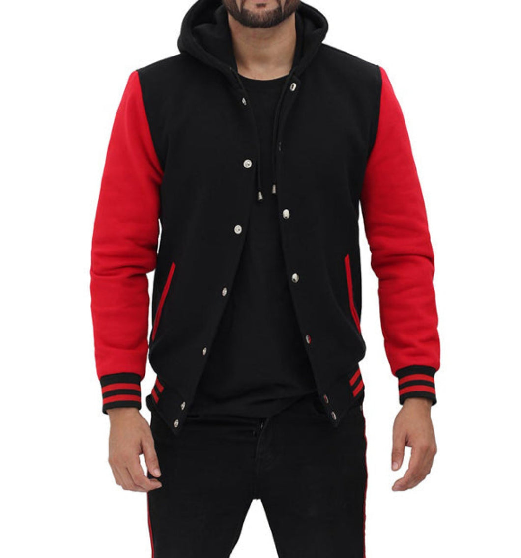 Men's Stylish Red and Black Hooded Varsity Jacket