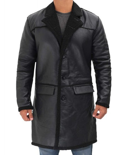 Men's 3/4 Length Black Sherpa Leather Coat
