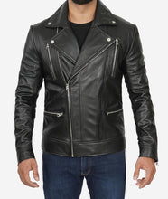 Load image into Gallery viewer, Mens Asymmetrical Black Leather Biker Jacket
