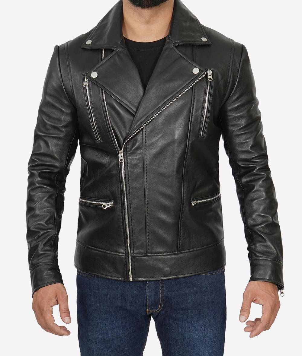 Mens Asymmetrical Black Leather Biker Jacket