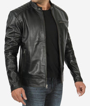 Load image into Gallery viewer, Mens Cafe Racer Black Leather Padded Shoulder Jacket
