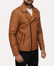 Load image into Gallery viewer, Mens Stylish Brown Leather Striped Sleeves Biker Jacket

