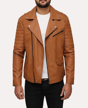 Load image into Gallery viewer, Mens Stylish Brown Leather Striped Sleeves Biker Jacket
